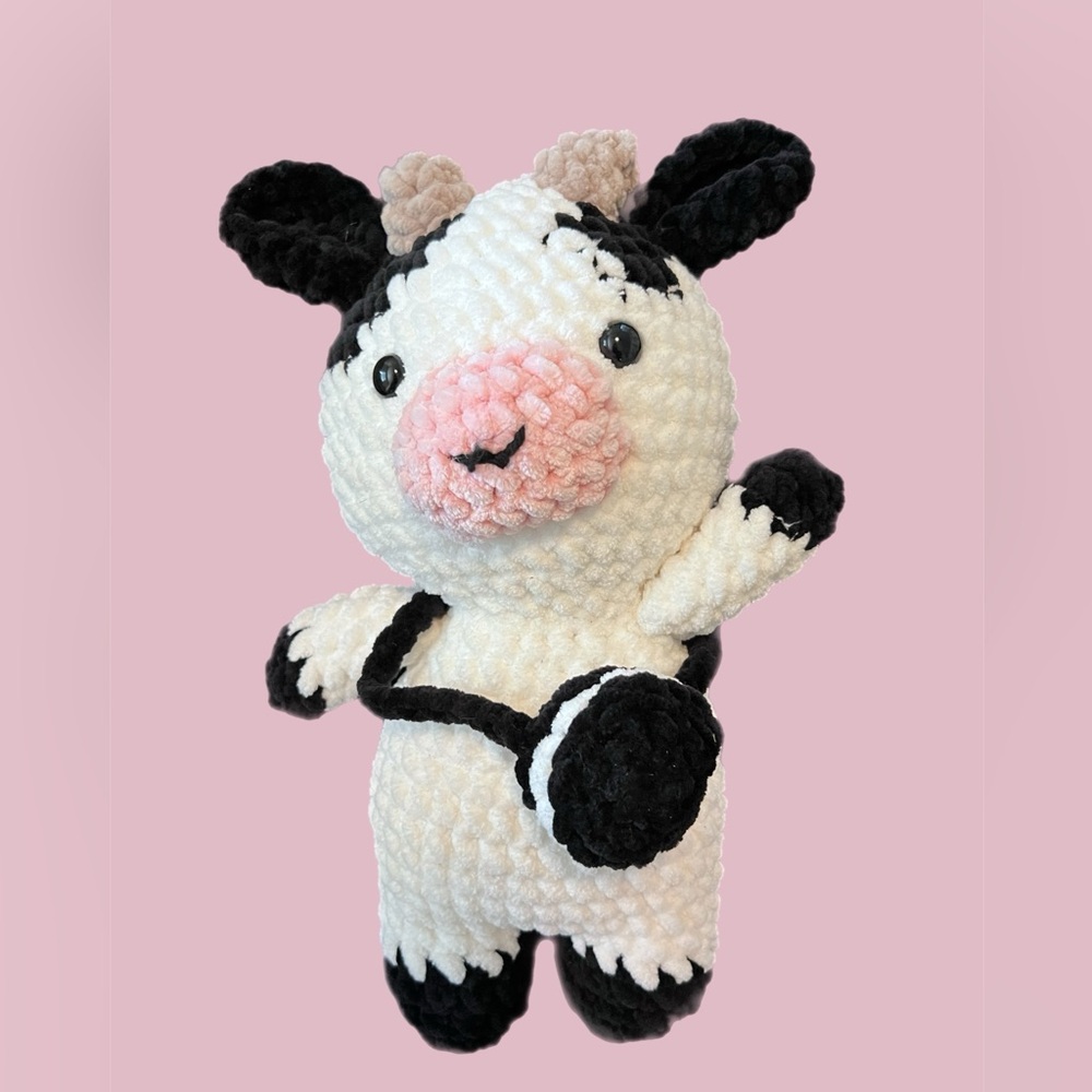 Hand Crafted Black and White Crocheted Plush Cow with Cookie Bag. 🐄